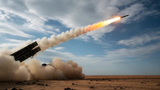 Powerful missile launching from a desert military launcher into the sky