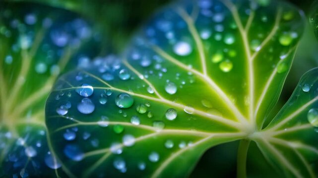Close-up of leaf veins with dew, climate and nature preservation theme