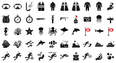 Collection of scuba diving and ocean exploration icons in stark silhouette © Jewel