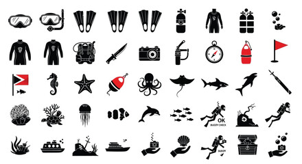 Black icons depicting scuba diving equipment marine life and a diver silhouette © Jewel