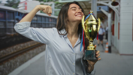 Young hispanic woman holding large gold trophy and flexing bare bicep on street near train; victory...