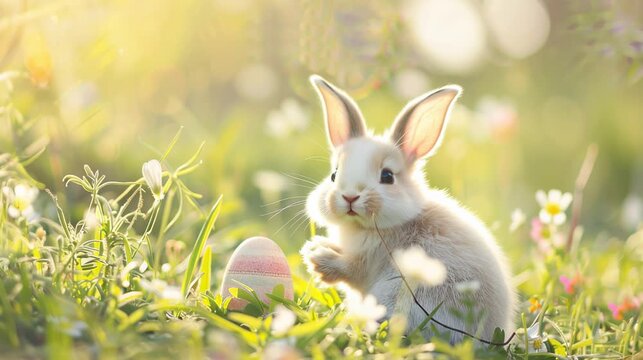 Cute white Easter bunny with a joyful spring mood holding a decorated egg on green grass against a pastel spring meadow background