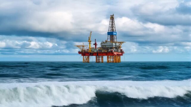 Offshore oil rig extracting petroleum in the middle of a rough sea with big waves and a cloudy sky representing the global energy industry and its environmental impact