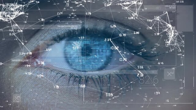 Animation of connections with data processing over woman's blue eye