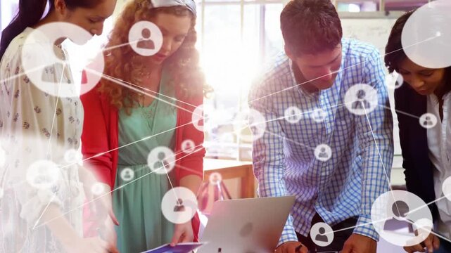 Animation of network of connection with icons over business people using electronic devices