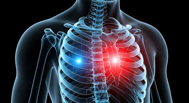 Medical illustration of a human skeleton with glowing blue and red spots on the ribcage and spine from a front view