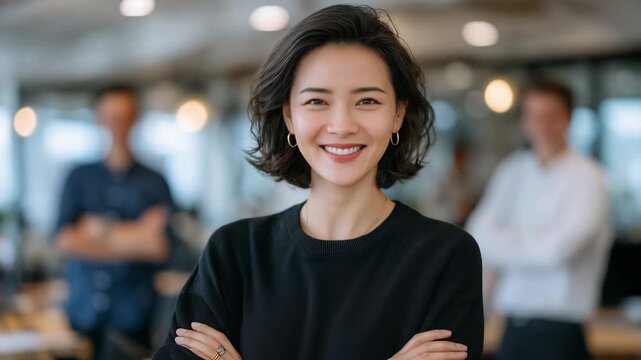 Confident Asian manager smiling while standing in front of her team, arms crossed, relaxed confident stance, contemporary office environment, teamwork and inspiration theme