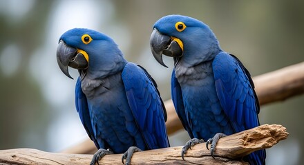 Obraz premium Two vibrant blue macaws perched on a wooden branch in nature