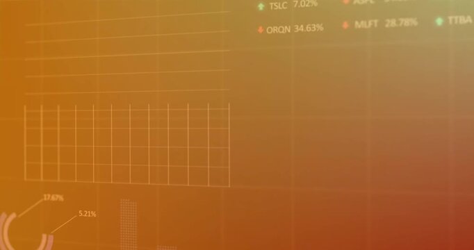 Animation of statistical and stock market processing against orange gradient background