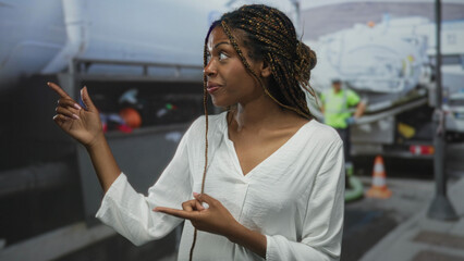 Woman smiling with open hands and braided hair wearing white blouse on street near construction truck and cones with worker in hi vis  confidence empowerment career. © Krakenimages.com