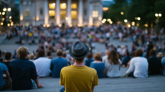 Diverse community of people gathered on steps of a public building, seated and standing casually, different clothing styles and ages, warm evening light, relaxed inclusive mood, fo