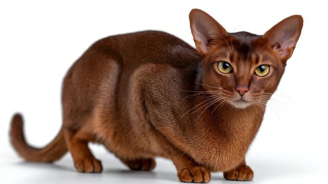 Elegant Abyssinian cat standing alert, isolated on white background, short reddish-brown coat, sharp almond-shaped eyes, minimal shadow, realistic fur texture
