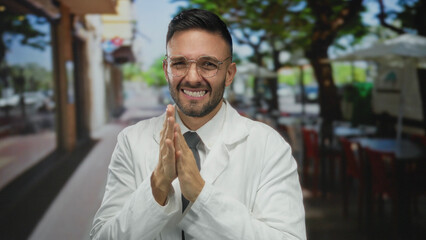 Obraz premium Hispanic man wearing a white coat and tie standing outdoors on a city street expressing cold with a smile while clapping hands during an urban day.