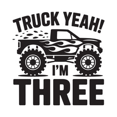 Monster truck graphic celebrating a third birthday with bold text © Mst