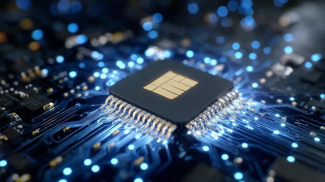 Extreme close-up of contactless payment card chip, fintech and cashless society theme