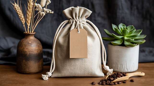 Rustic still life with linen drawstring bag coffee beans succulent plant and dried flowers on wooden table
