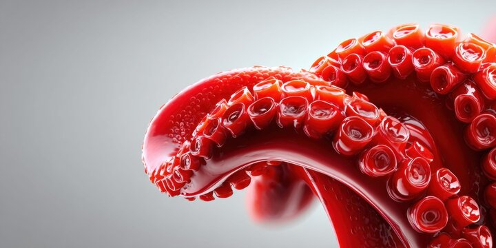 Close-up macro shot of vibrant red octopus tentacles with detailed suckers against a soft gray background