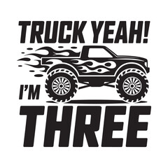 Black and white graphic of a monster truck with celebratory text © Mst