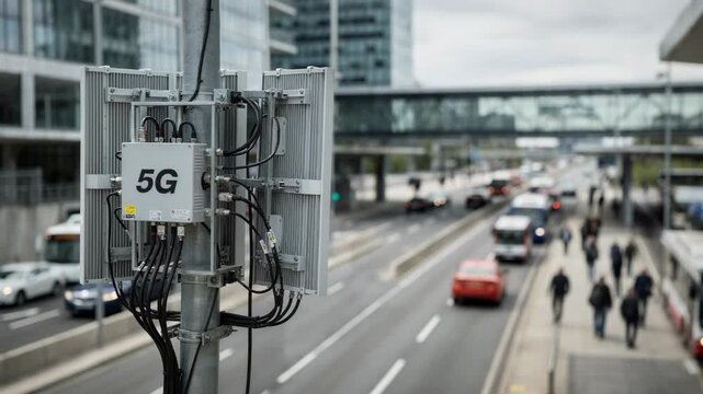 Medium frame of a transport center featuring a 5G massive MIMO antenna array clear antenna details contrasted with blurred vehicles and passenger movement in the distance