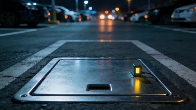 Medium shot of a parking lot access lid equipped with tampering sensors the sharp focus on the device contrasting with blurred parked vehicles and distant lights.
