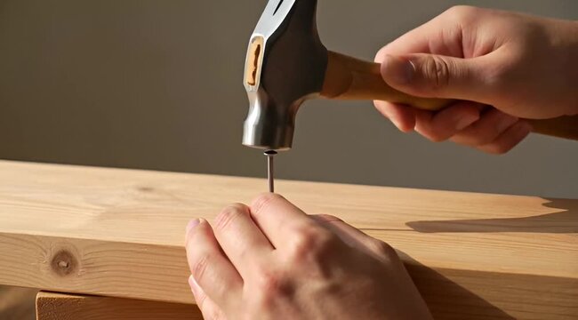 Close-up video of hands using a hammer to drive a nail into a wooden board, captured in natural light with realistic movement and a simple background in a clean stock footage style