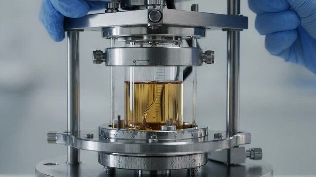 Medium shot focused on detailed interface of viscometer equipment measuring oil viscosity emphasizing clear fluid contours and exact calibration.
