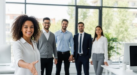 Obraz premium A diverse team of five professionals in a modern office. A woman with curly hair smiles at the camera while colleagues stand behind her. Represents teamwork, leadership, and diversity.