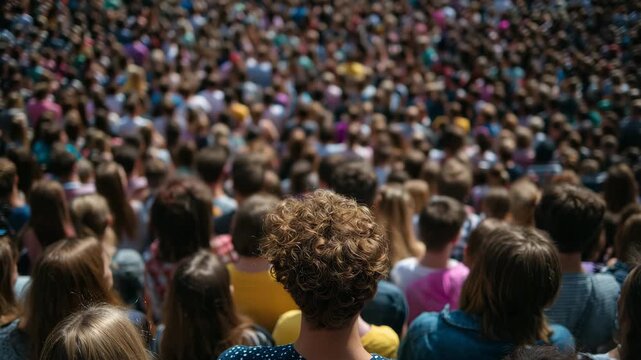 Large diverse crowd viewed from above during a daytime outdoor event, people forming organic patterns, varied clothing textures and colors, sunlight reflecting off hair and shoulde
