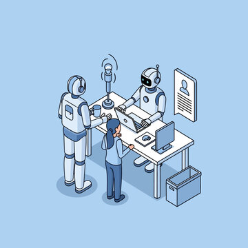An illustration of robots interviewing a person at a desk with a computer.