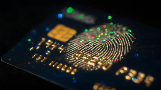 Macro of fingerprint on glossy credit card, identity and fraud prevention theme