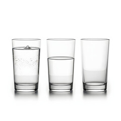 Three glasses showing full, half full, and empty concepts isolated on white background. Optimism and pessimism concept.