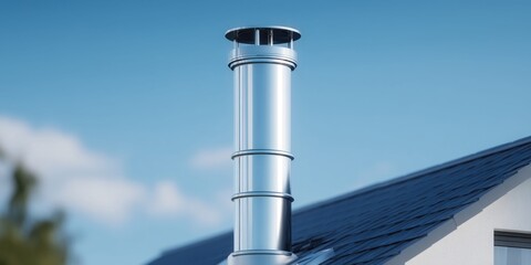 Modern stainless steel chimney pipe on a dark tiled roof against a clear blue sky