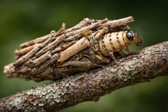 Bagworm Caterpillar (Psychidae) Emerging from Twig Case on Branch &ndash; Camouflaged Insect Macro Wildlife Photography