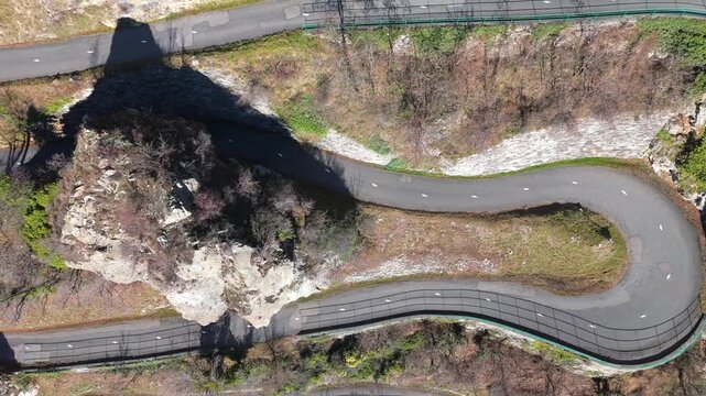 Drone flying over Lacets de Montvernier mountain road in France