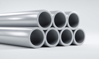 Fototapeta premium Stack of seamless metal pipes with brushed texture on a clean white background