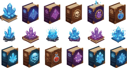 Colorful cartoon magic books and crystals on white background © MstMoksada