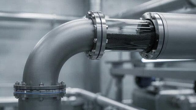 Closeup medium shot of a bent pneumatic pipeline section showing airtight seals and smooth carbon black flow in a manufacturing process.