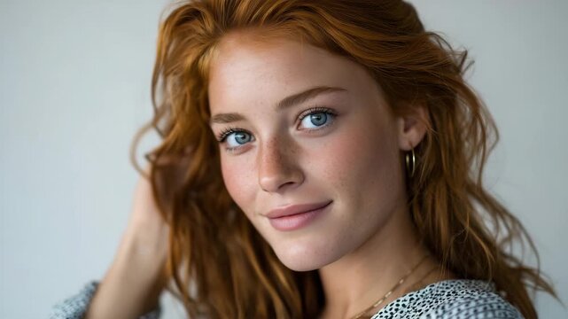 Minimalist portrait of a 30-year-old red-haired woman, blue eyes in sharp focus, subtle skin imperfections visible, white seamless background, studio realism, contemporary stock po