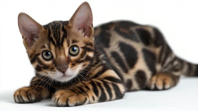 Playful Bengal kitten crouching, isolated on white background, spotted coat pattern, alert ears, sharp focus on face and fur texture, soft shadowing