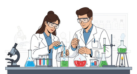 Scientists conducting experiment in laboratory, mixing liquids in beakers