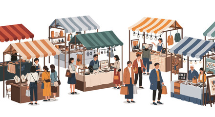 Outdoor Market Scene with Stalls and Shoppers, People Browsing Goods, Diverse Crafts and Products © Rizal