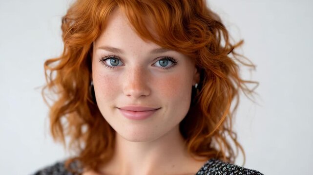 Professional lifestyle portrait of a 30-year-old woman with dyed red hair, blue eyes, understated makeup, white background, relaxed natural pose, stock-friendly beauty photography