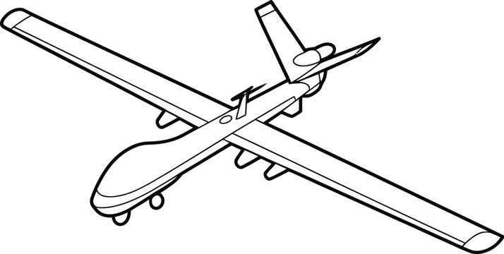 Line-art fixed-wing surveillance drone with long straight wings and tail boom