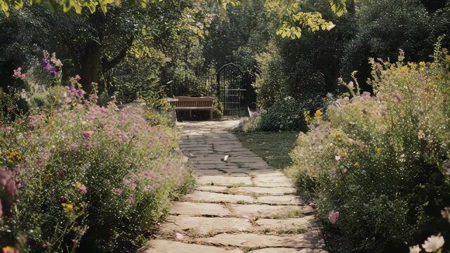 Serene Stone Path Leading Through a Beautiful Lush Garden.