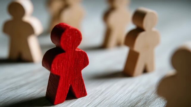 Red wooden figure placed diagonally amid wooden figurines, perspective lines leading to the red figure, minimalistic white background, representation of uniqueness and vision