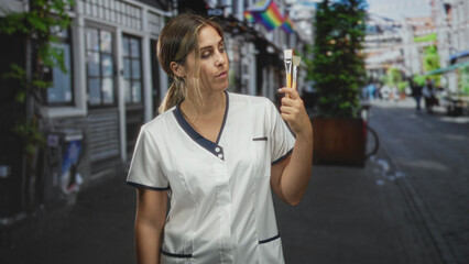Woman beautician in white smock holds makeup brushes upright on street outside shops  confidence skill. © Krakenimages.com