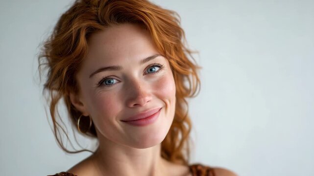 Studio portrait of a woman in her early thirties with dyed red hair, blue eyes, relaxed shoulders, gentle confident expression, white background, clean lighting setup, high-resolut