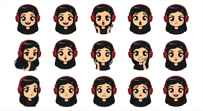 Cute Gamer Girl Character Emote Sticker Set, Cartoon Gaming Avatar Emoji Pack, Streaming Reaction Icons for Twitch Discord Vector