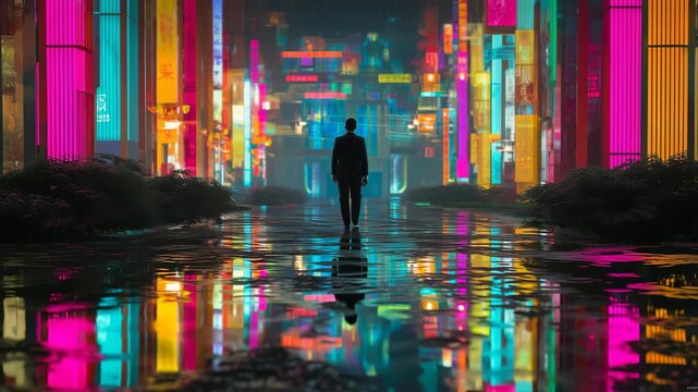 男性が雨の夜の都市に立ち、ネオンとAR情報が交差する近未来の眺め