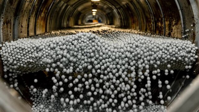 Medium shot focused on spherical zeolite beads rolling through a rotary dryer emphasizing the even drying process and glossy surface finish.